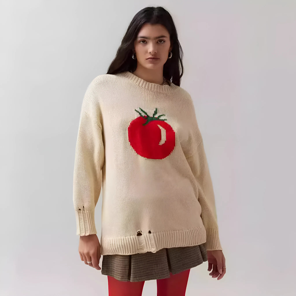 Women's milky white beige acrylic pullover sweater with Jacquard pattern texture and round neck