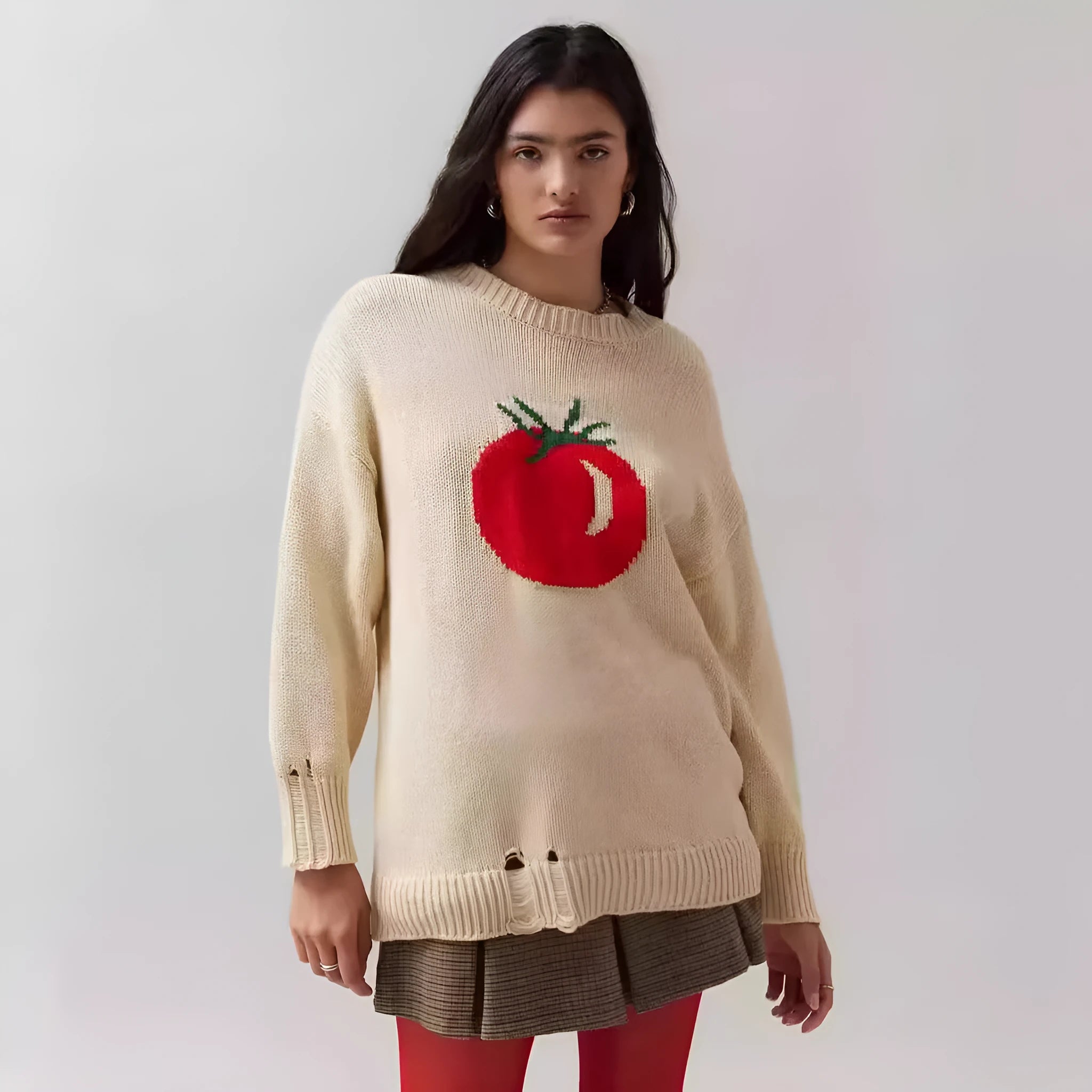 Women's milky white beige acrylic pullover sweater with Jacquard pattern texture and round neck