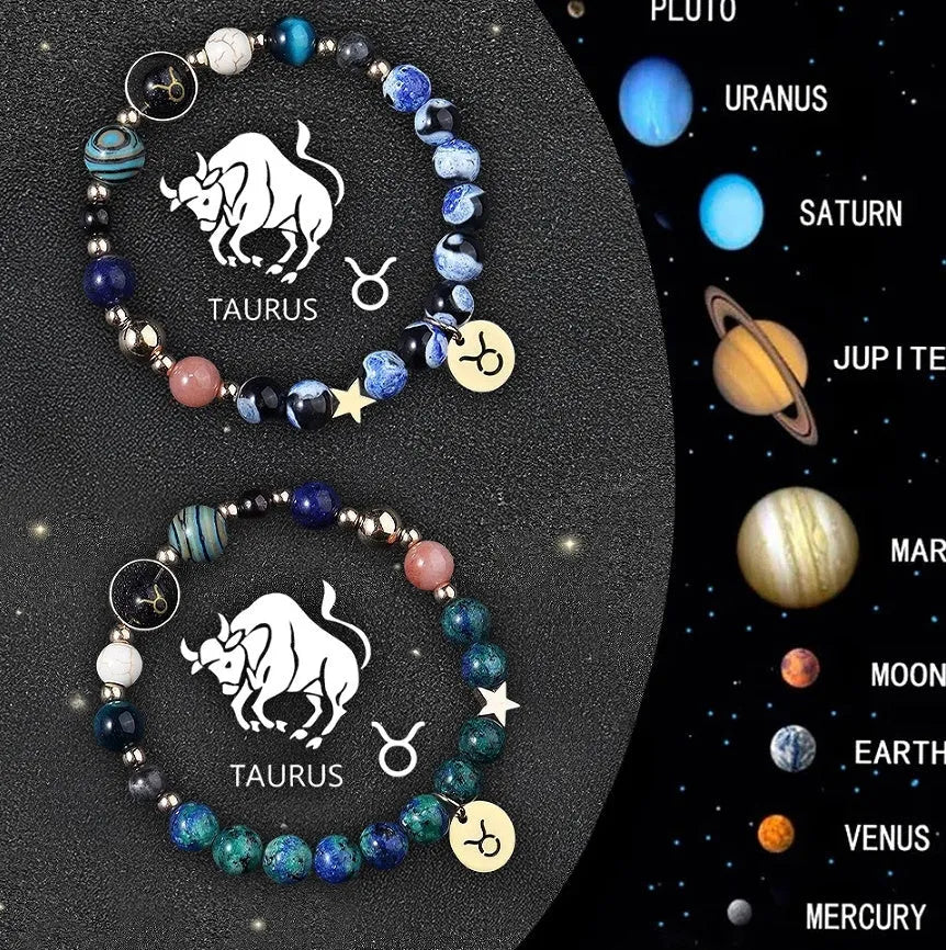 Zodiac sign bracelet with natural stone beads on elastic cord, adjustable astrology jewellery