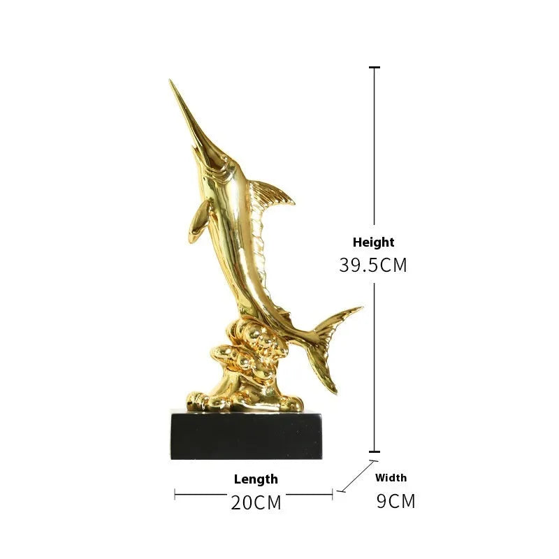 European style decorative resin swordfish ornament in Ocean Green, Lake Blue, Coral Red or Bright Gold.