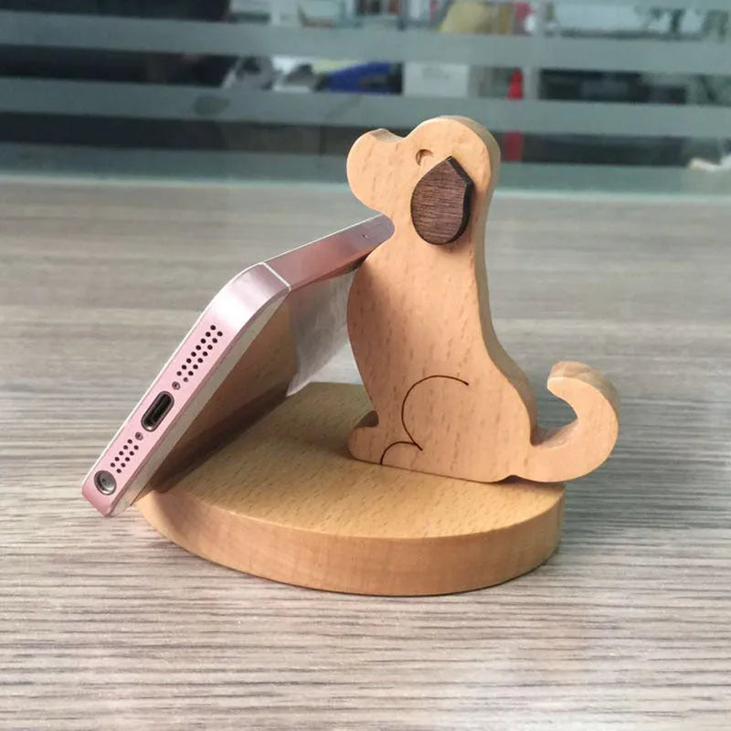 Solid beech wood mobile phone holder with detailed resin animal carving in choice of 22 animal styles