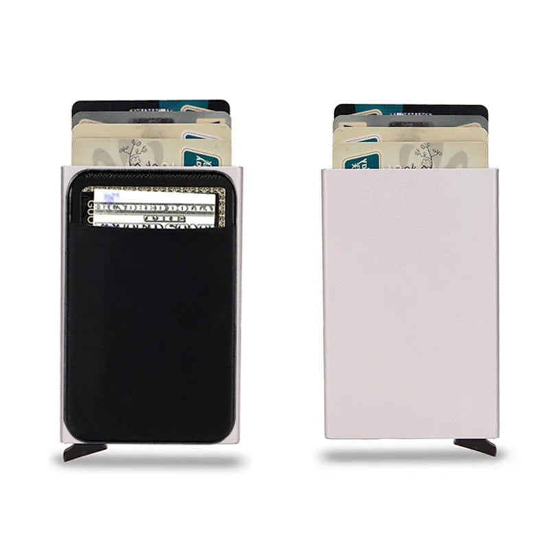 Slim aluminium metal credit card holder wallet with frosted finish shown in multiple colour options.