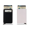 Slim aluminium metal credit card holder wallet with frosted finish shown in multiple colour options.