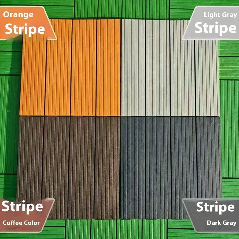 Ten square plastic floor tiles with a wood grain pattern, showing a non-slip surface.