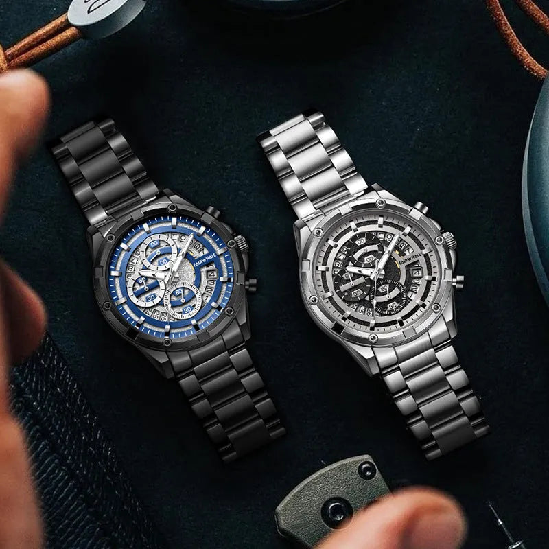 Men's waterproof luminous quartz watch with stainless steel belt in black and blue colour option