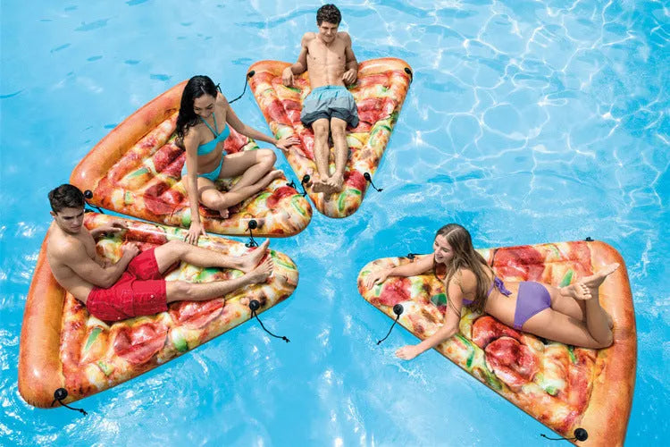 Inflatable pizza float surfboard recliner measuring 175cm by 145cm with colourful slice design