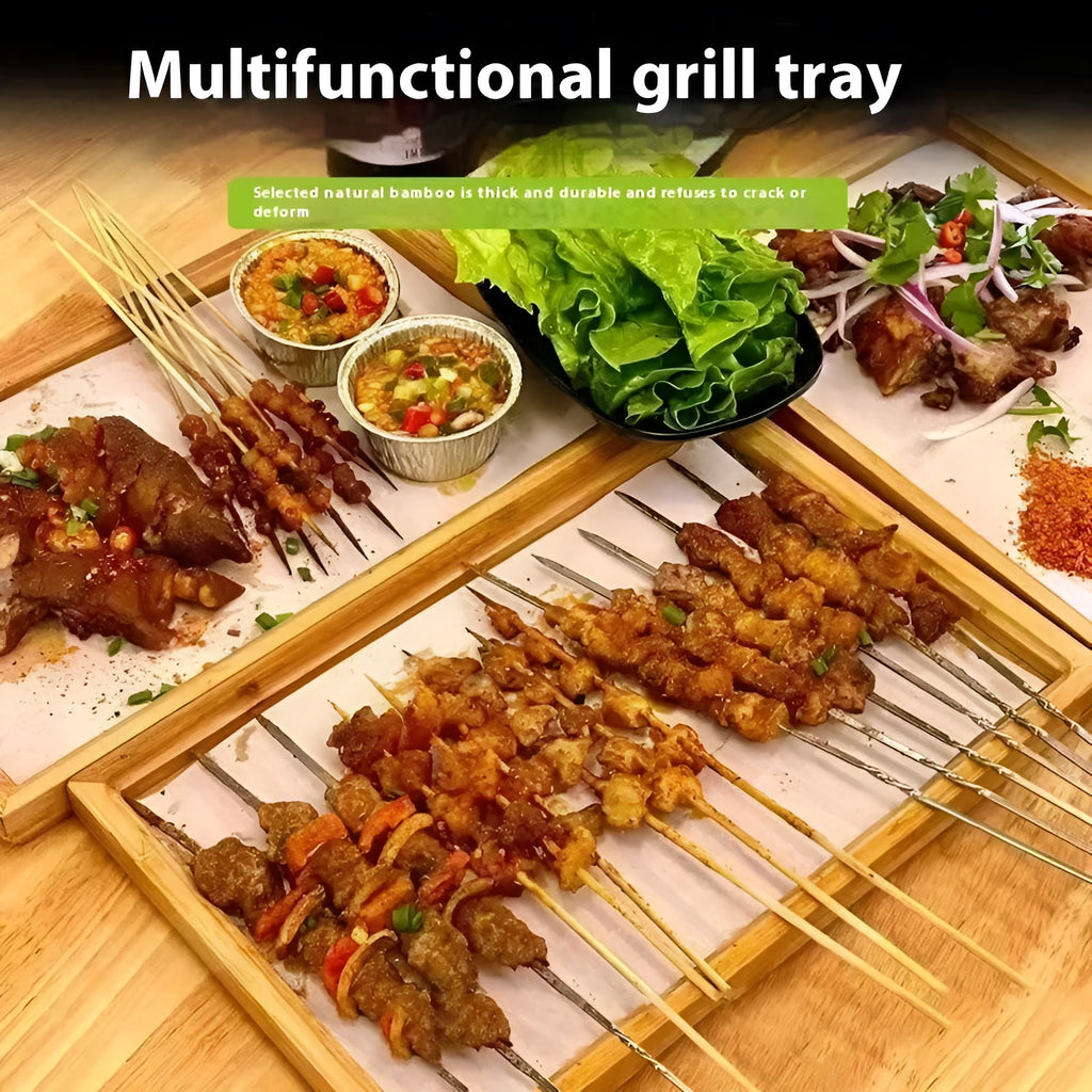 Square bamboo tray with brown handle for barbecue shops and commercial kitchens