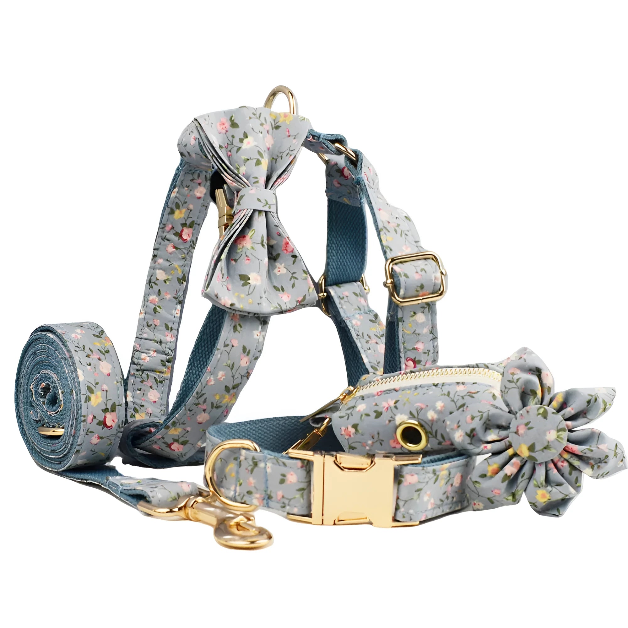 Blue floral polyester cotton dog collar and matching leash set with bow, vest, and poop bag accessories