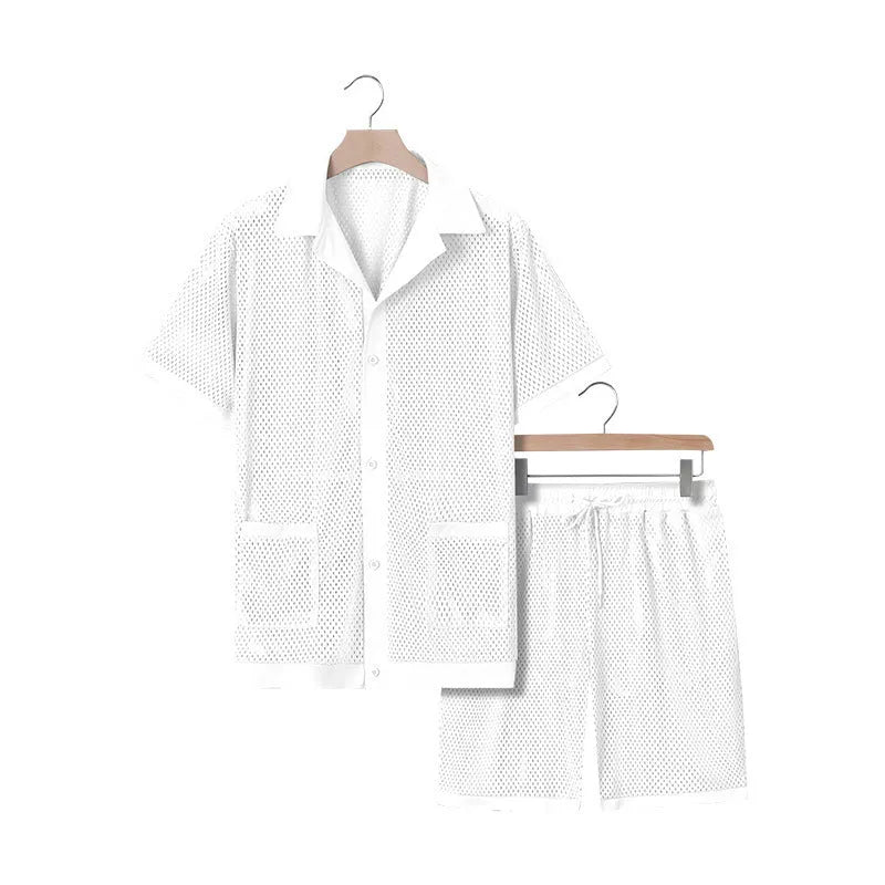 Women's thin polyester beach shorts suit with a see-through cardigan and matching shorts in lake blue.