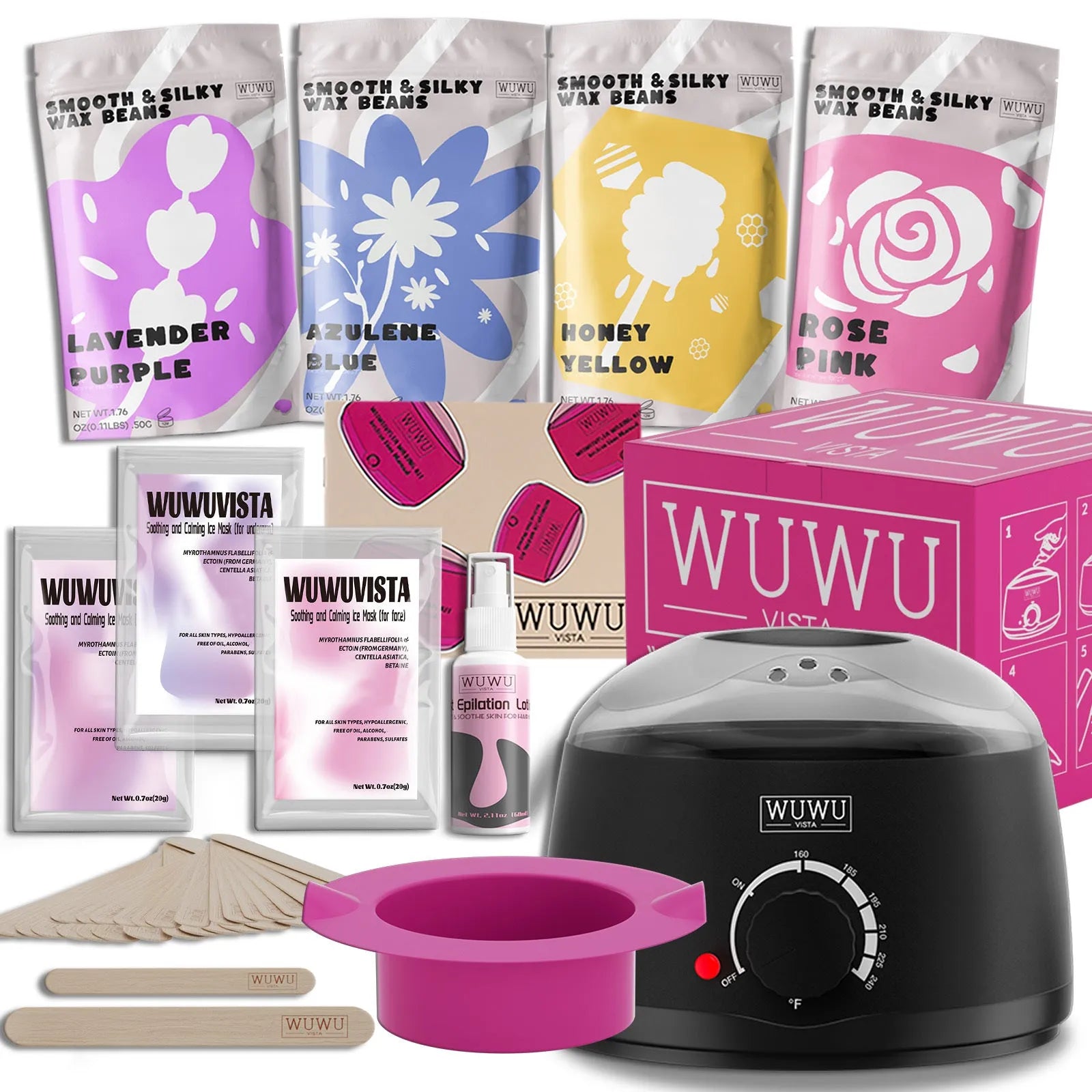 29-piece waxing gift set with black wax warmer, wax beads, sticks, aftercare products and manual