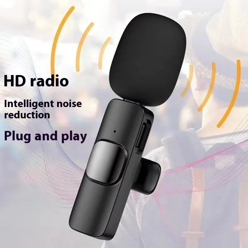 Wireless collar clip lavalier microphone with smartphone connector options for Type-C, Lightning, and 3.5mm jacks.