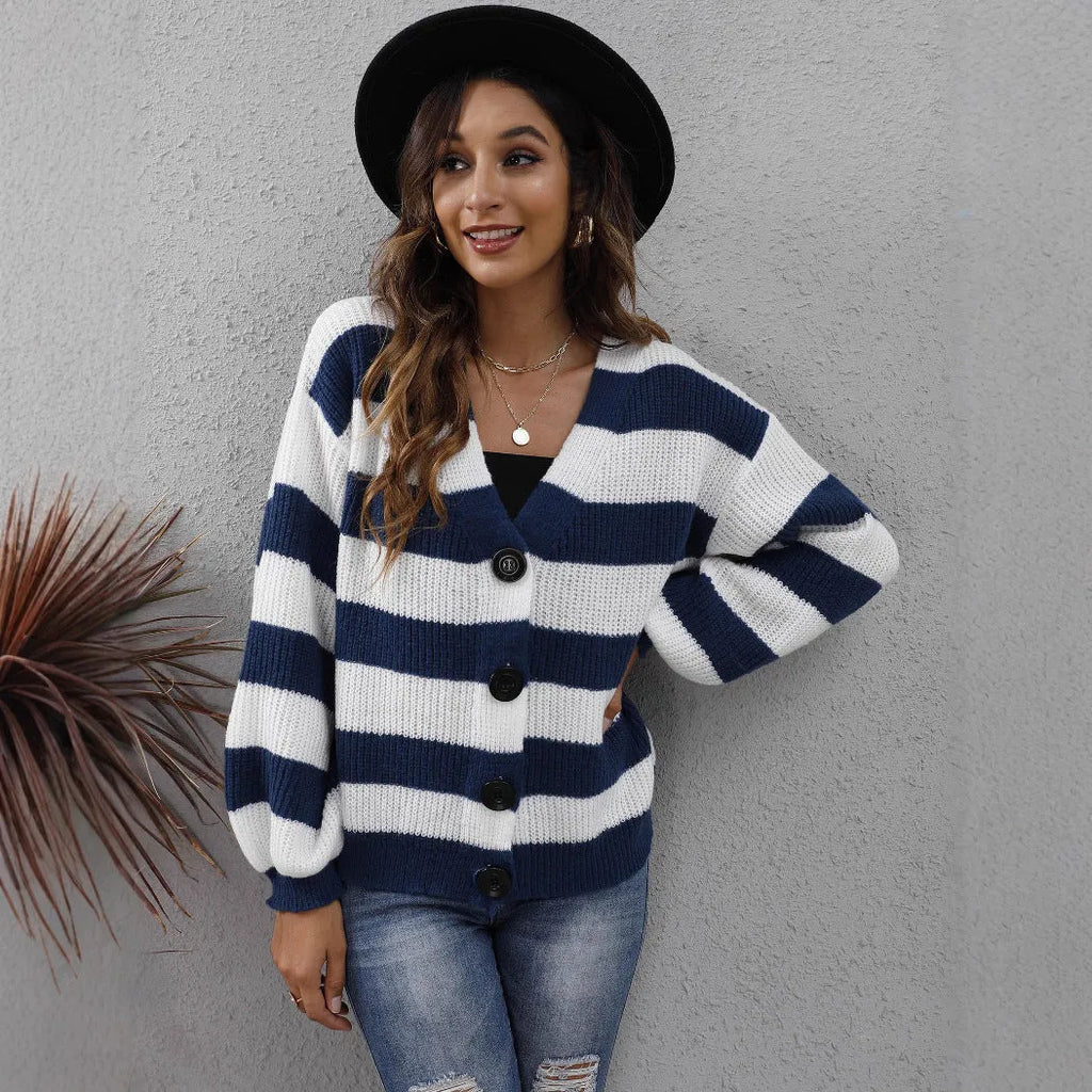 Women's striped cardigan with button stitching in deer plush polyester fabric, European American street fashion style