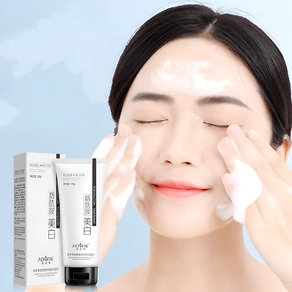 White bottle of 100ml whitening and freckle removing facial cleanser for unisex use.
