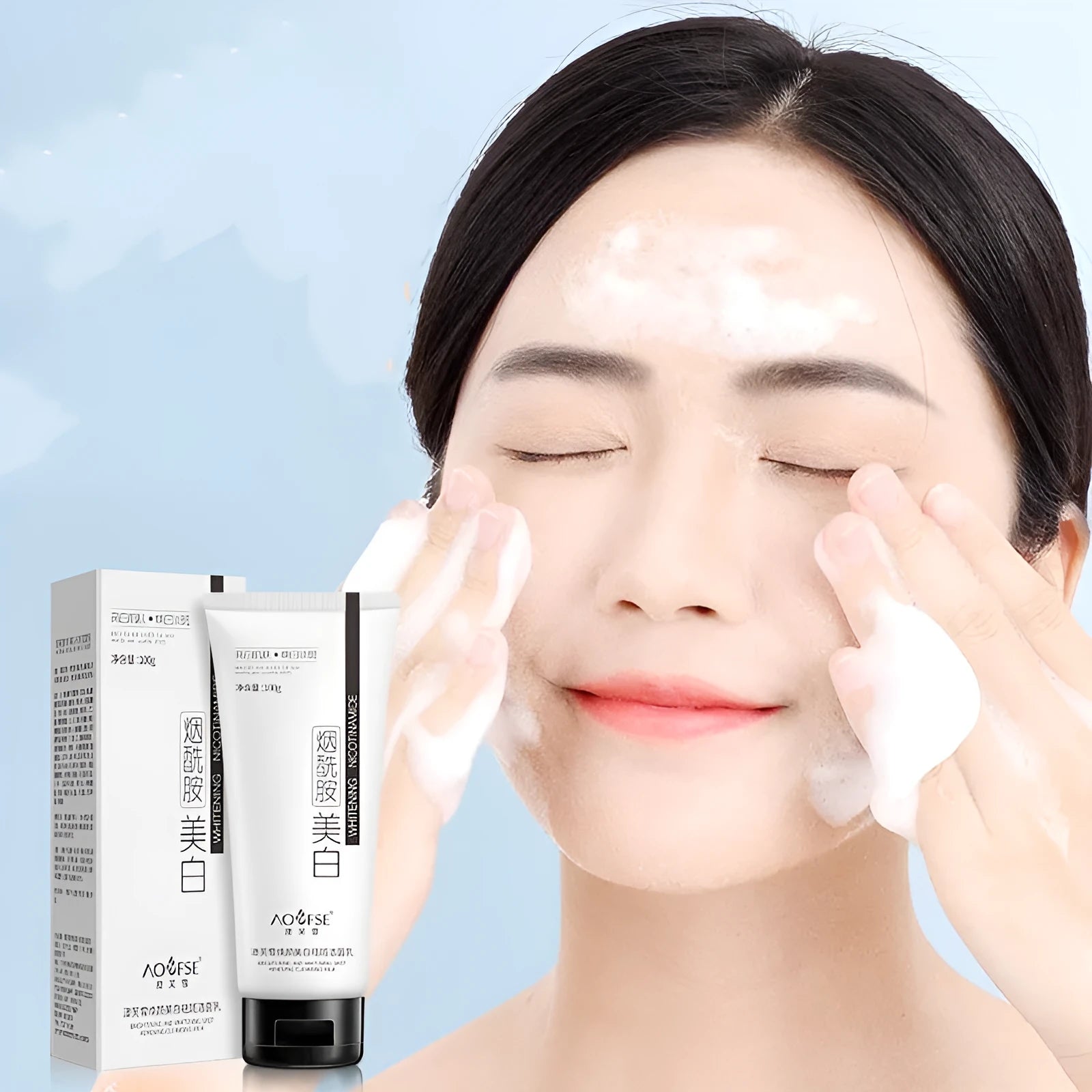 White bottle of 100ml whitening and freckle removing facial cleanser for unisex use.