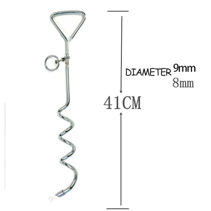Medium silver spiral dog tie out stake made of steel for secure outdoor tethering