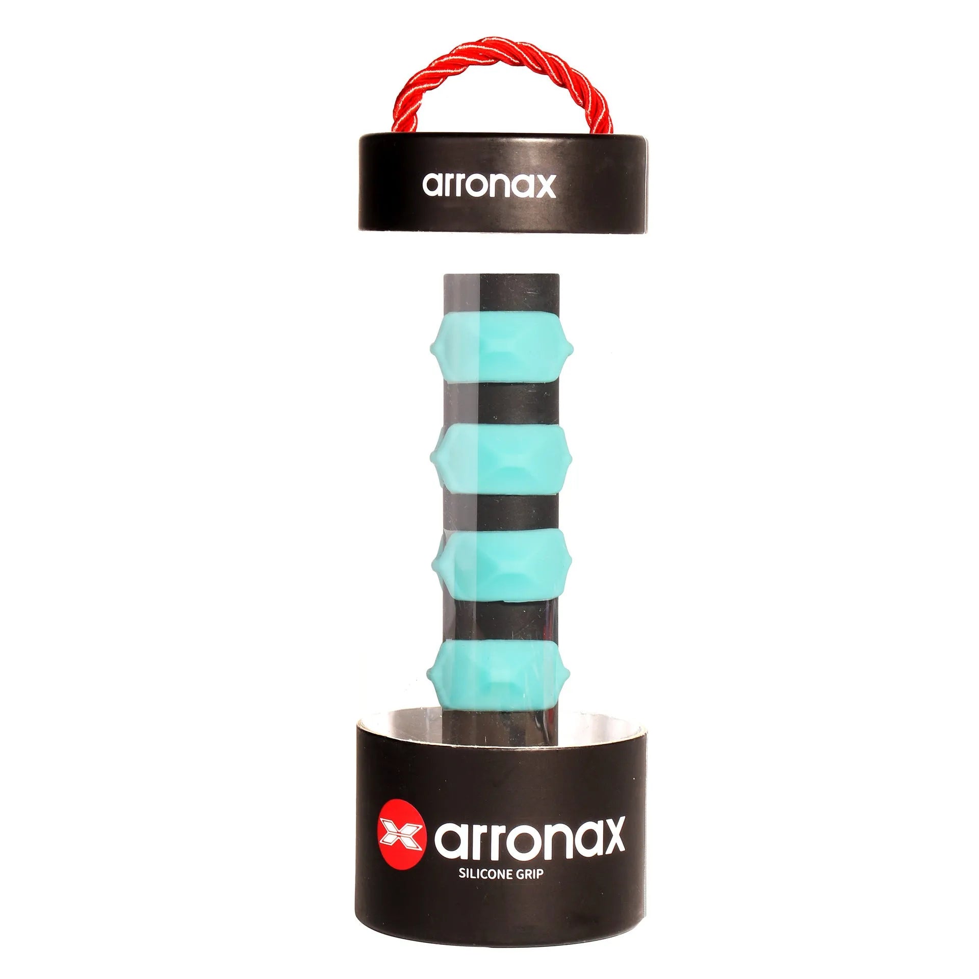 Silicone racquet grip buckle in multiple colours on a black background.