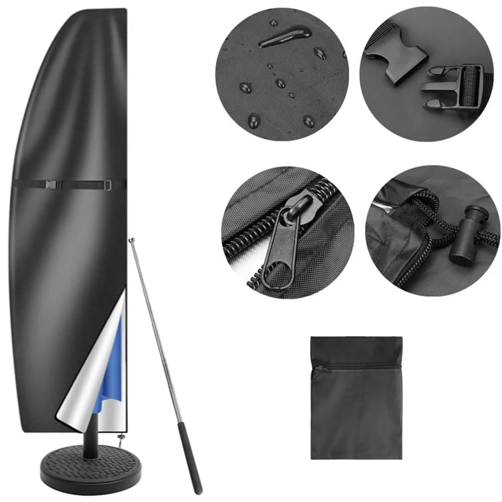 Black oxford cloth waterproof cover for a garden banana umbrella on a patio table