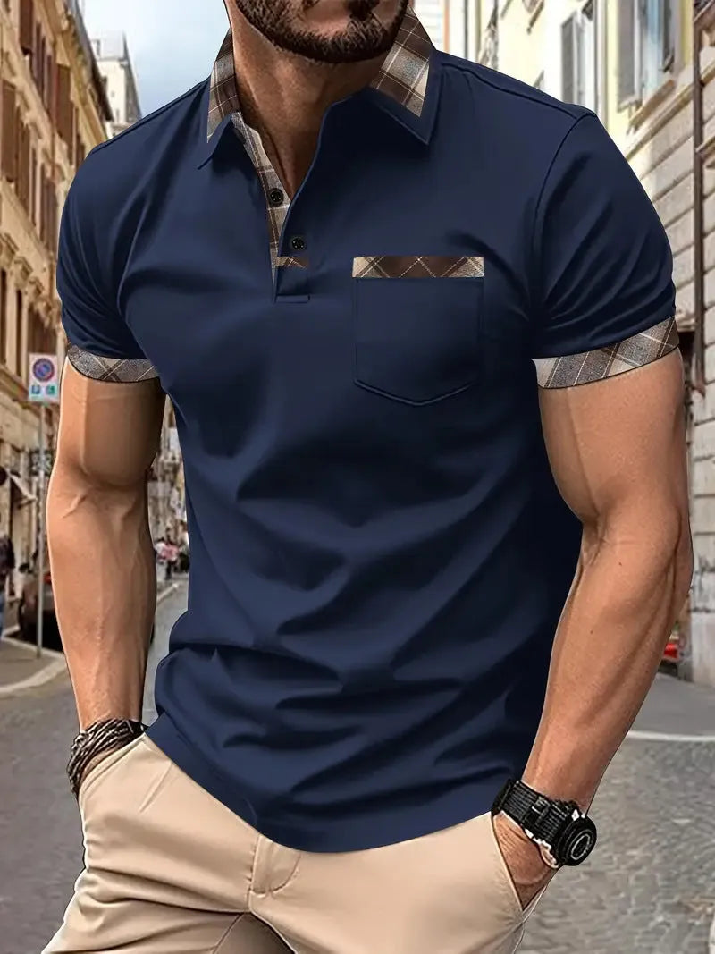 Men's plaid colourblock t-shirt with zipper decoration on front, short sleeves, loose fit