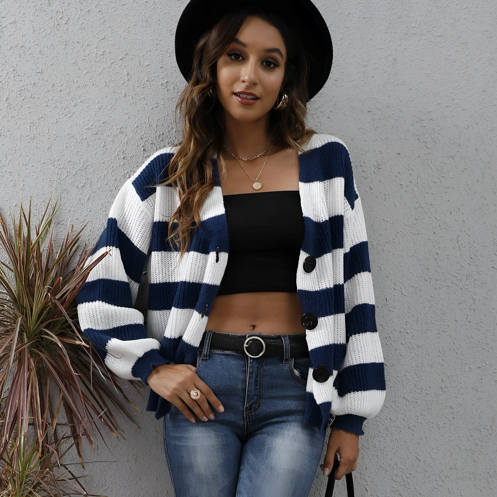 Women's striped cardigan with button stitching in deer plush polyester fabric, European American street fashion style