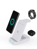 Black or white wireless charging station with phone stand charging iPhone, AirPods and Apple Watch simultaneously