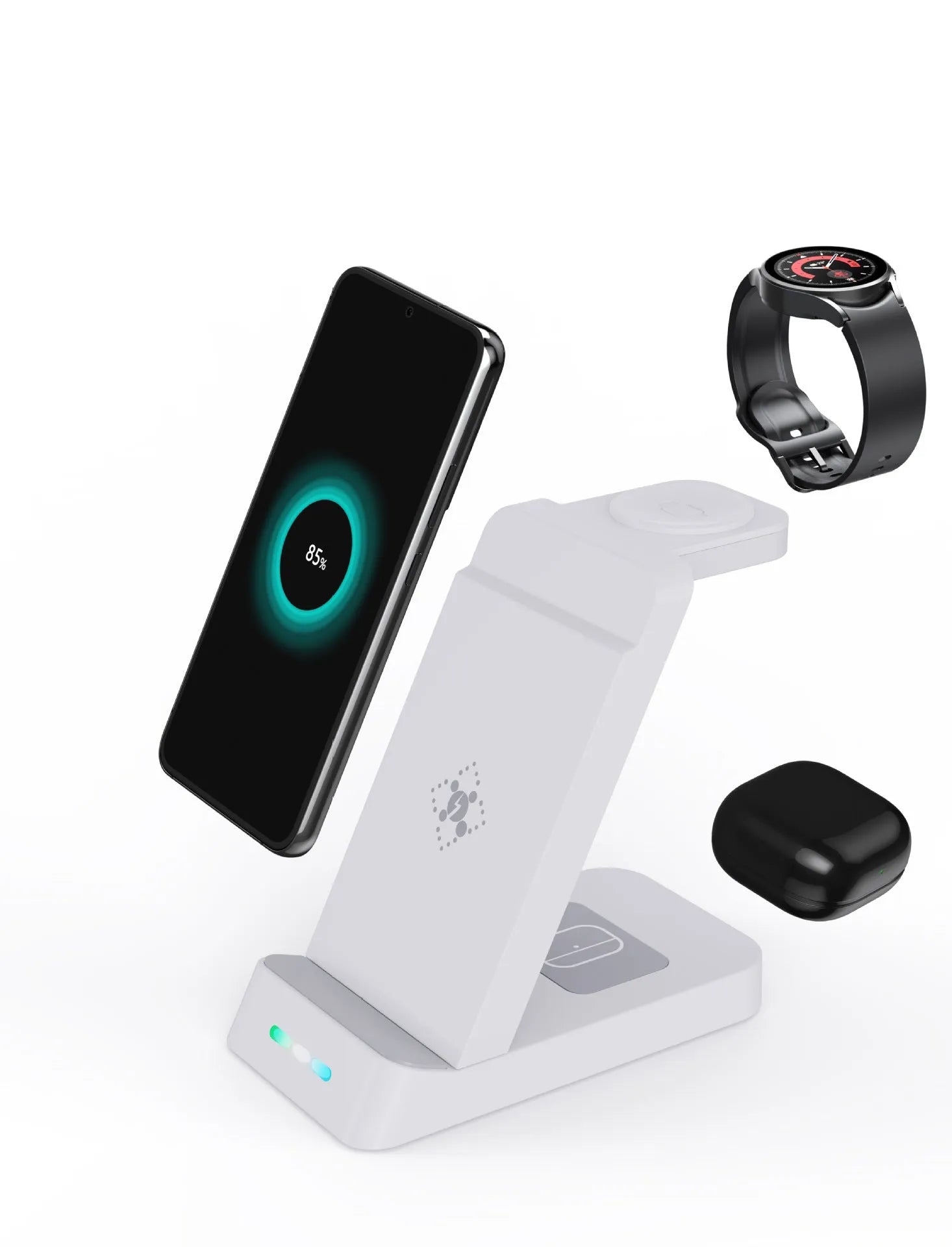 Black or white wireless charging station with phone stand charging iPhone, AirPods and Apple Watch simultaneously