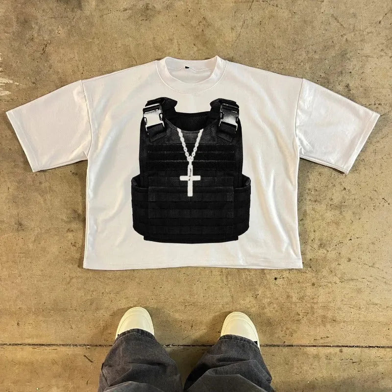Short sleeve cotton t-shirt with retro street style print and drop-shoulder sleeves.