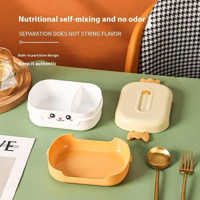 Square plastic lunch box with divided compartments in dark blue, pink and green, or orange yellow colours