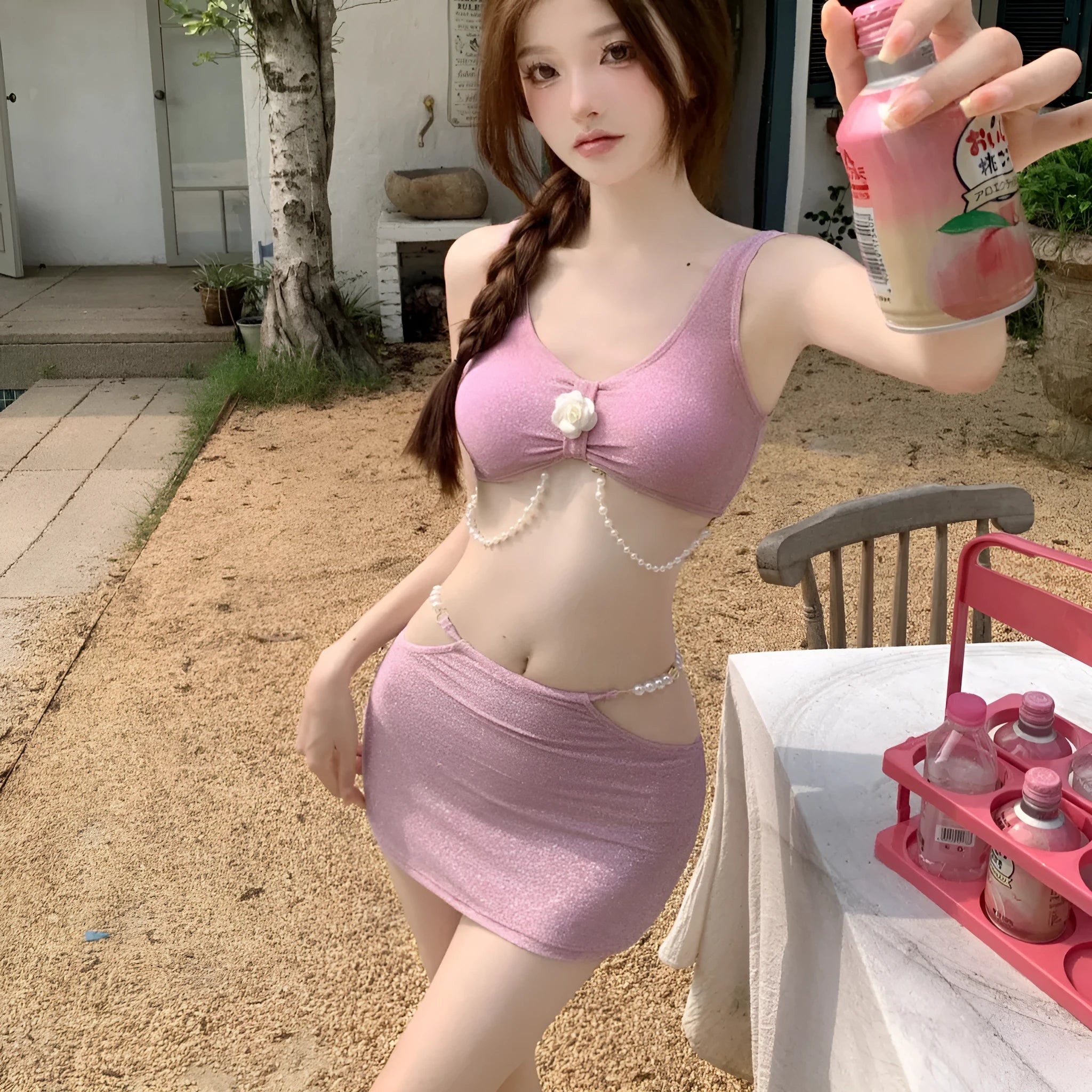 Women's pink or black three-piece polyester bikini swimsuit for swimming and hot springs