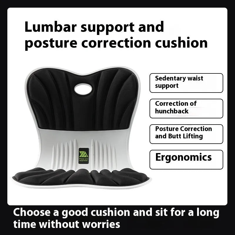 Grey ergonomic office seat cushion for waist support and posture correction on a chair.