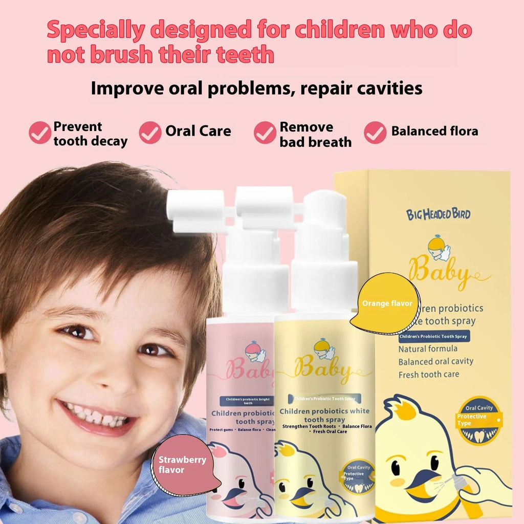 Children's probiotic oral spray bottle for teeth cleaning and cavity prevention in strawberry and orange flavours