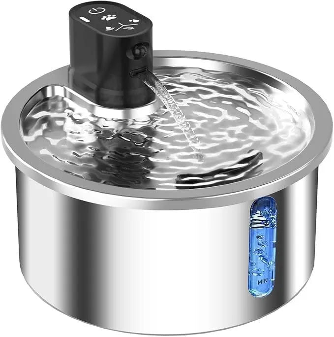 Stainless steel cat water fountain with white heating base for constant temperature pet hydration