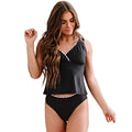 Black women's two-piece nylon bikini set on a neutral background.