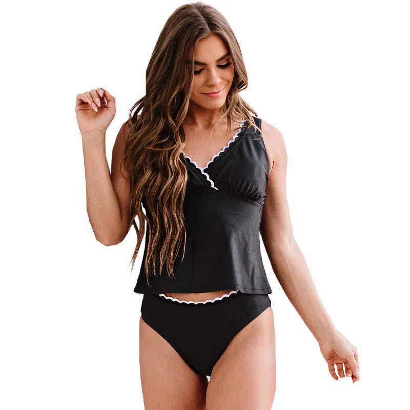 Black women's two-piece nylon bikini set on a neutral background.