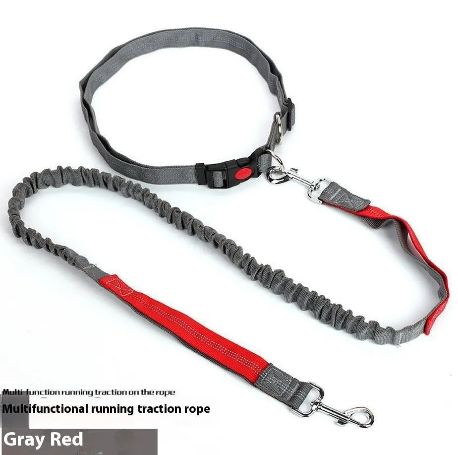 Grey and green reflective dog leash with elastic section shown on a table.