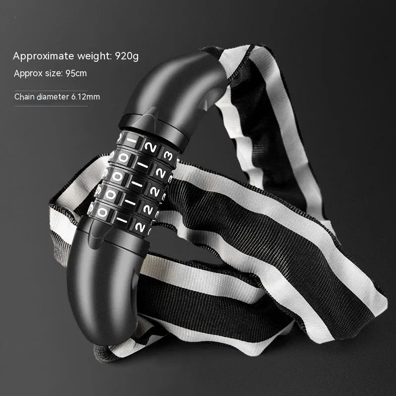 95cm black zinc alloy mountain bike chain lock with anti hydraulic shear protection shown securing bicycle frame