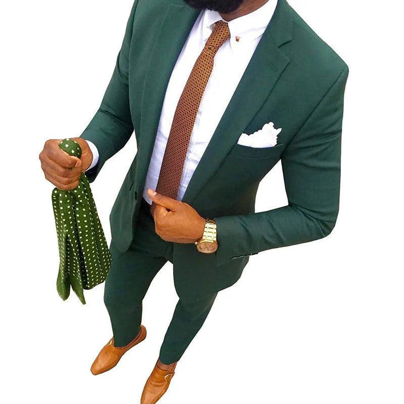 Men's cotton suit jacket and trousers set shown in multiple available colours.