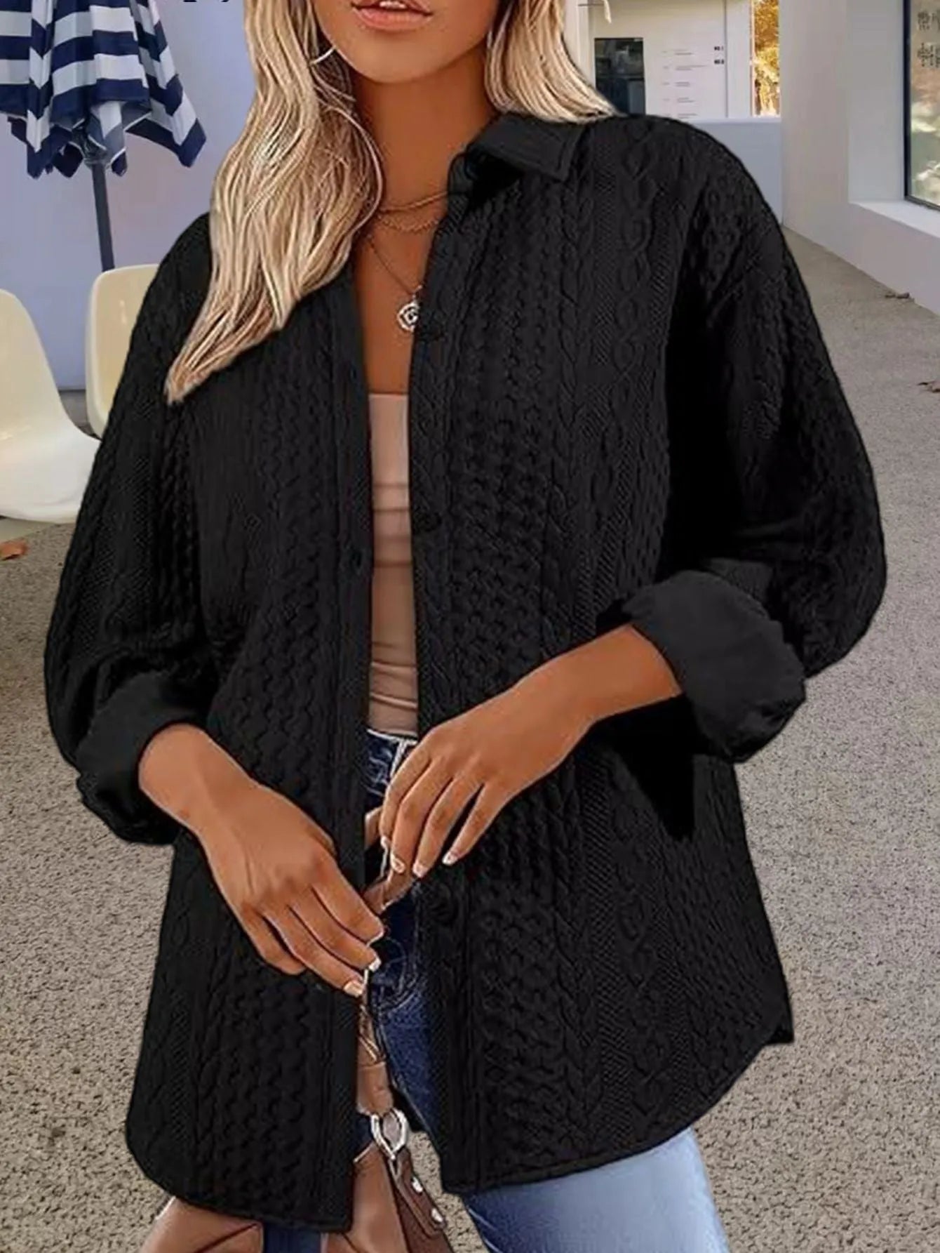 Women's solid colour knit cardigan with long sleeves and contrast trim detail