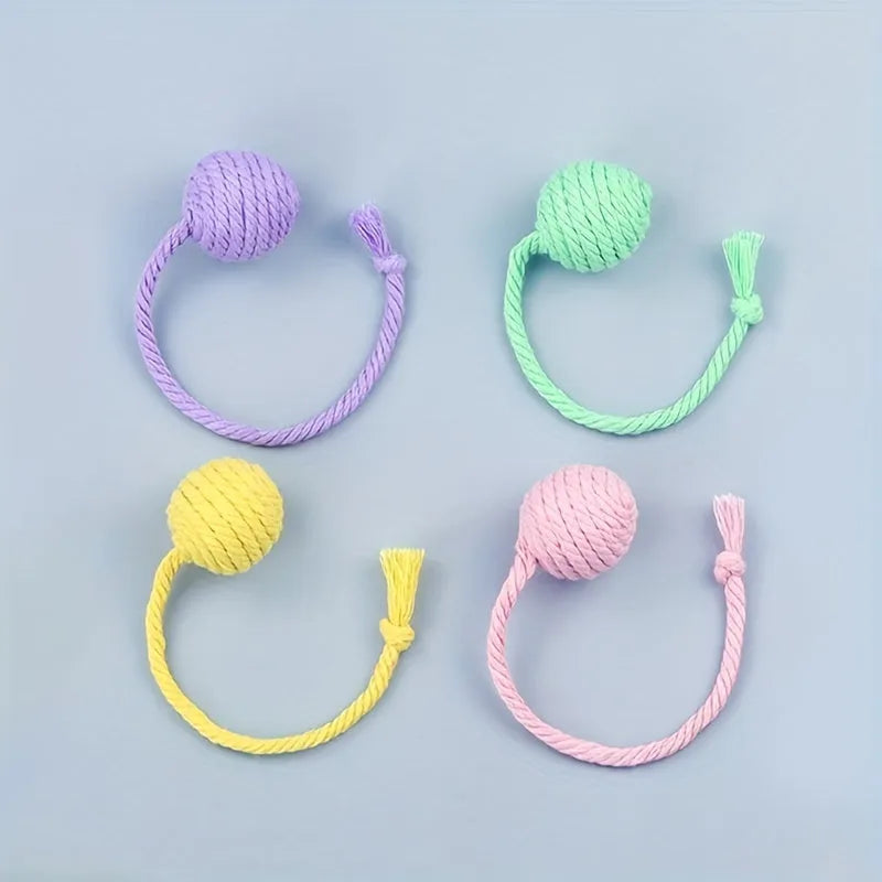 Colourful cat toy ball with rope and built-in bell in two size options