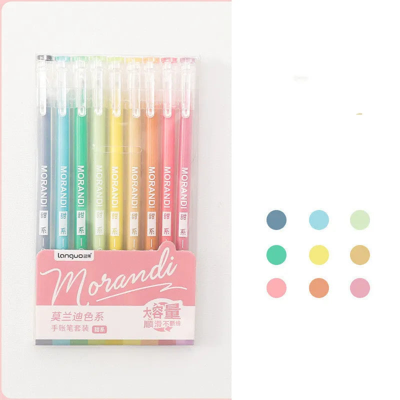 Set of nine retro gel pens with 0.5mm needle tips in plastic casing arranged by colour series