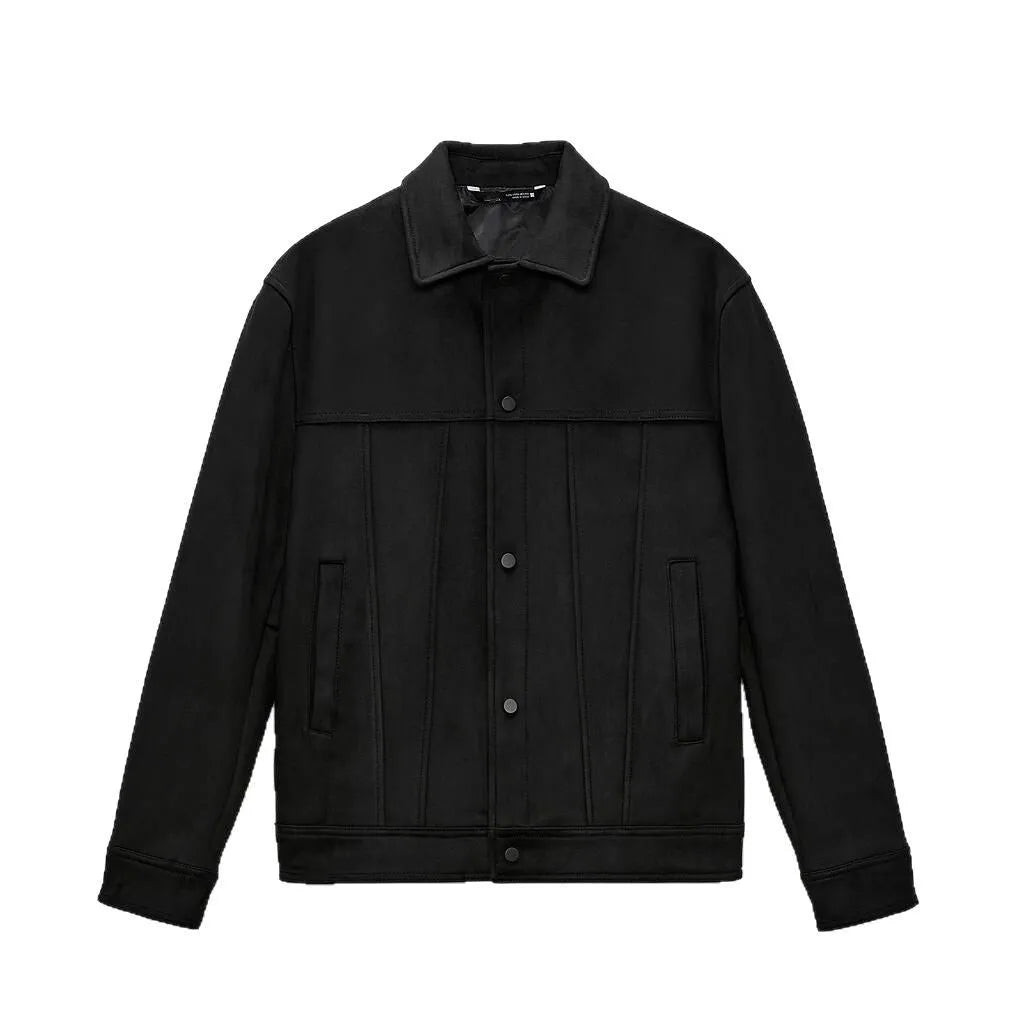 Men's black hooded jacket with a suede collar, showing side seam pockets and long sleeves.