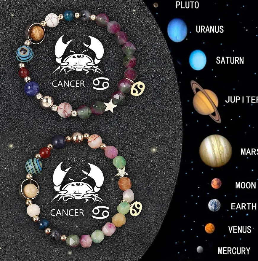 Natural stone beaded zodiac bracelets showing twelve astrological sign designs on elastic cord