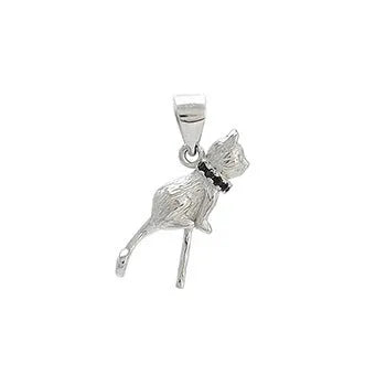 Close-up of a sterling silver cat pendant on a chain, showing the D2113 or D2114 finish variant.