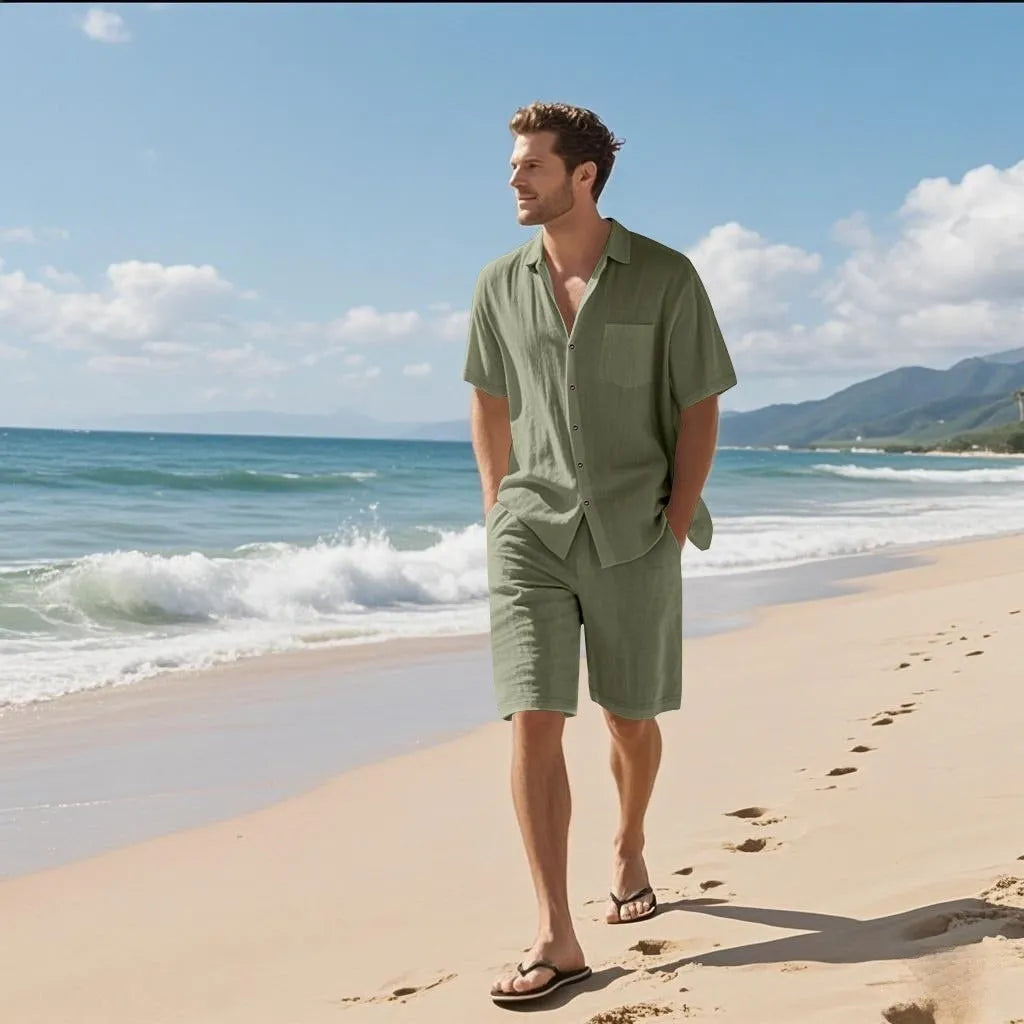 Linen blend short sleeve shirt and shorts leisure suit in Army Green colour