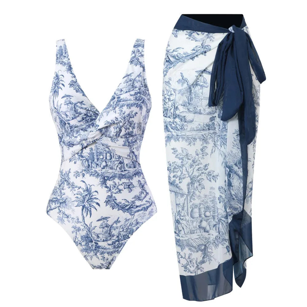 Women's conservative one-piece swimsuit with vintage floral print and short sleeves