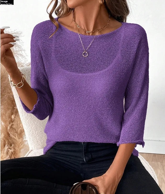 Women's knitted off-shoulder top with 3D pattern and 3/4 sleeves in multiple colour options
