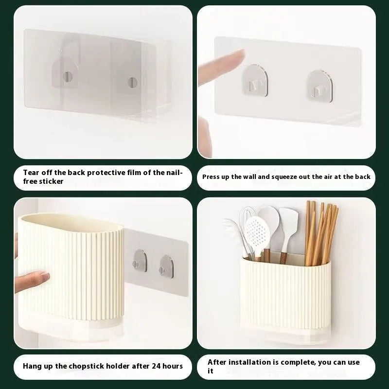 Plastic wall-mounted chopstick and spoon holder tube with drainage holes in beige colour.