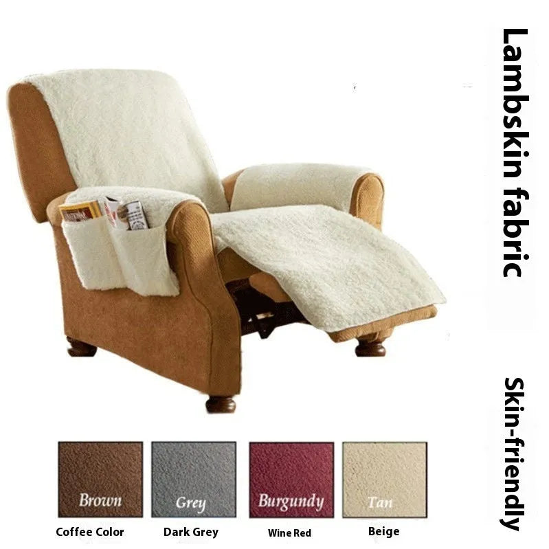 Polyester sofa slipcover with lambswool texture in beige colour covering sofa cushions