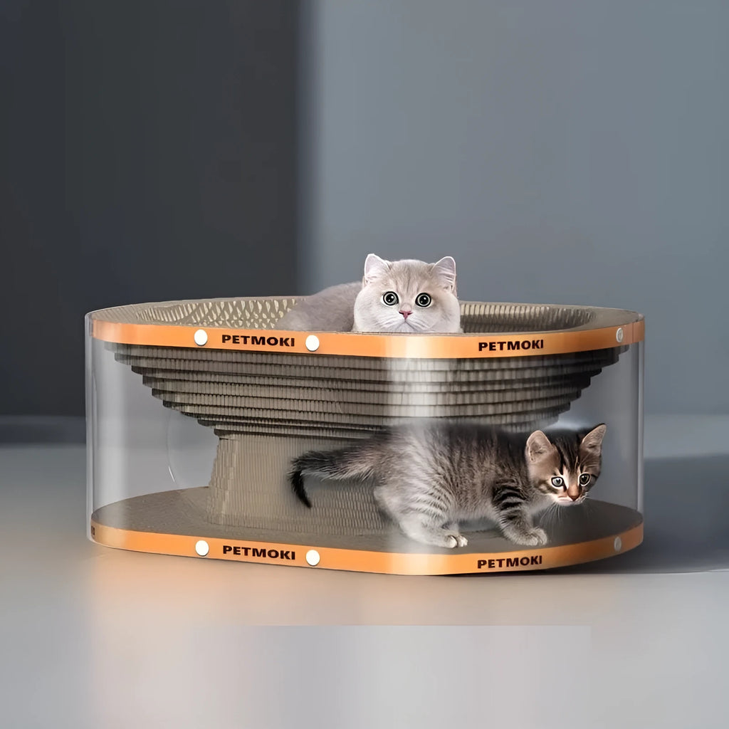 White transparent PVC tunnel cat nest with integrated corrugated board scratch panel, 58cm long.