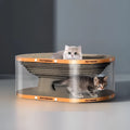 White transparent PVC tunnel cat nest with integrated corrugated board scratch panel, 58cm long.