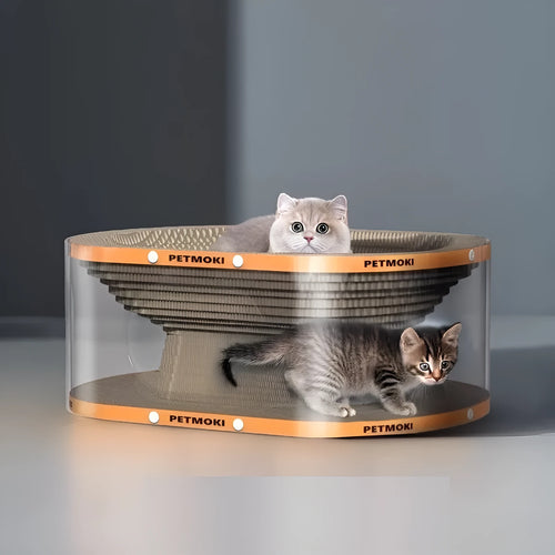 White transparent PVC tunnel cat nest with integrated corrugated board scratch panel, 58cm long.